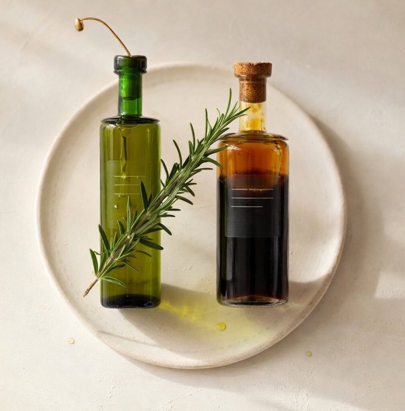 Olive oil and balsamic vinegar bottles with a rosemary sprig